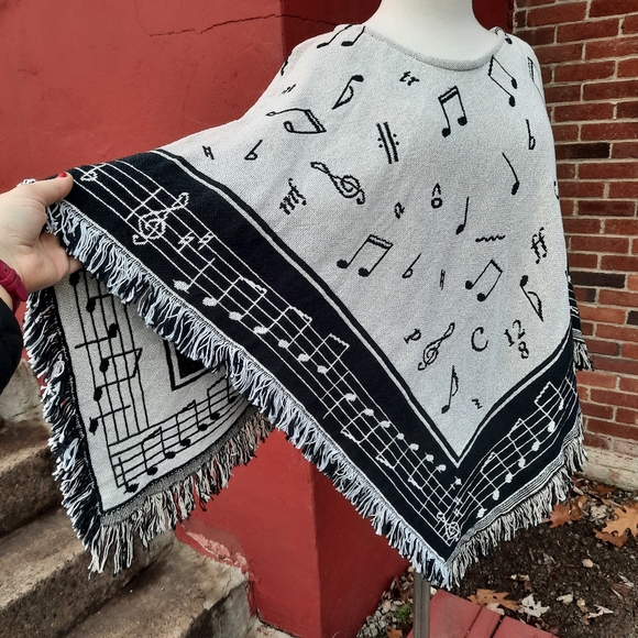 Vintage 90's Tapestry Blanket Throw Coat Poncho Cape Music Notes Fringe Novelty - Picture 5 of 13